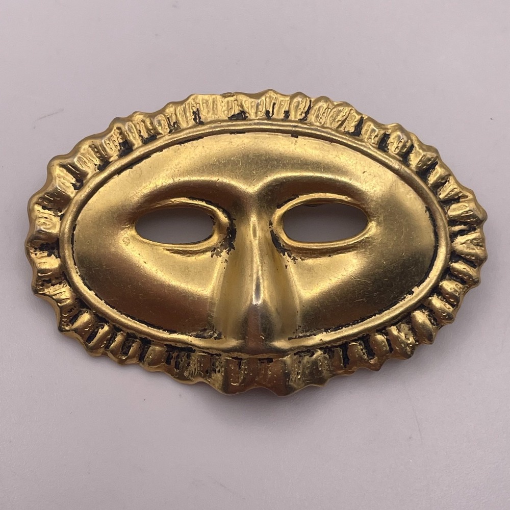 Vintage Gold Tone Venetian Theater Mask Brooch Pin, Retro Carnival Jewelry Retro